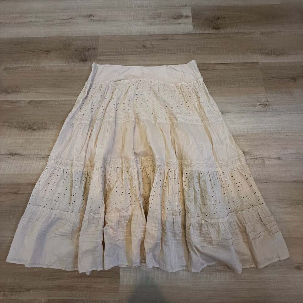 Forbidden XL Cream Tiered Eyelet Lace Cotton Midi Skirt Boho Cottagecore